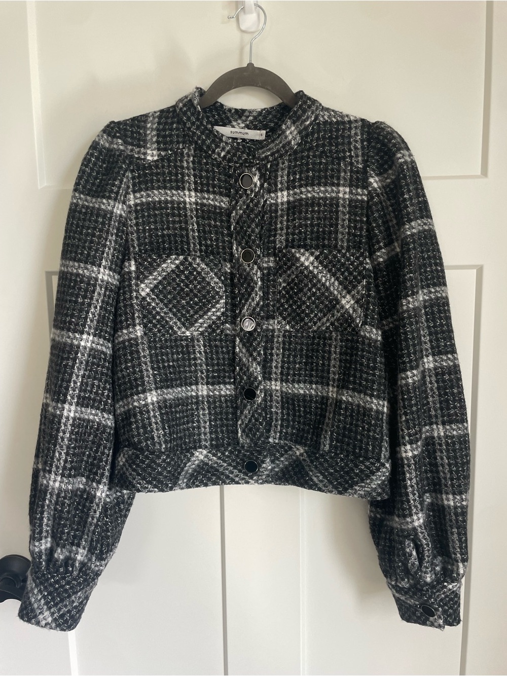 Summum Plaid Button-Front Collarless Puff Sleeve Front Pocket Jacket - Size S